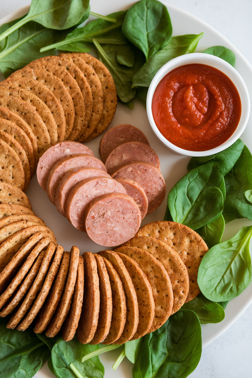 Indoor photo featuring whole-grain cracker rounds, sliced cooked turkey sausage coins, baby spinach leaves, and a small container of pizza sauce—neatly arranged; no logos or text.