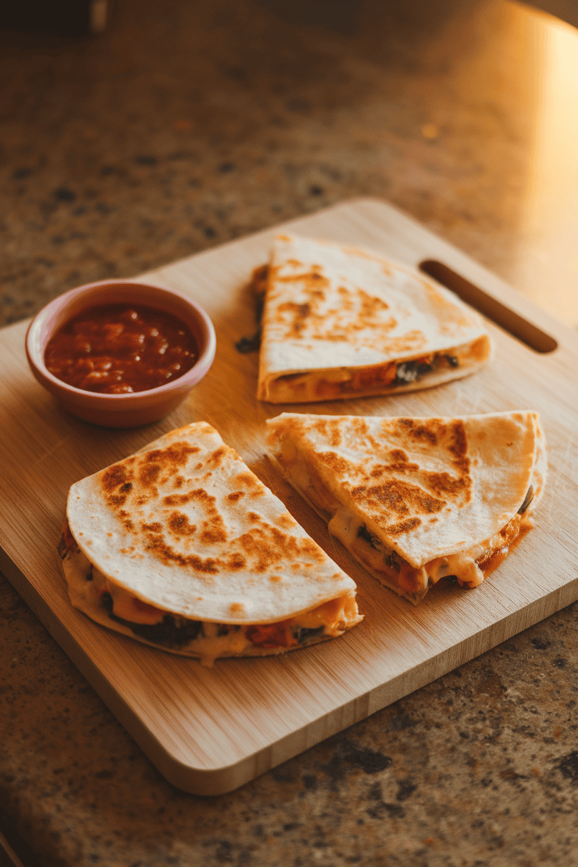 A cutting board on an indoor kitchen island displaying wedge-cut quesadillas with melted cheese oozing slightly, accompanied by a small bowl of salsa. Even, warm lighting; no visible logos or text. Photo only.