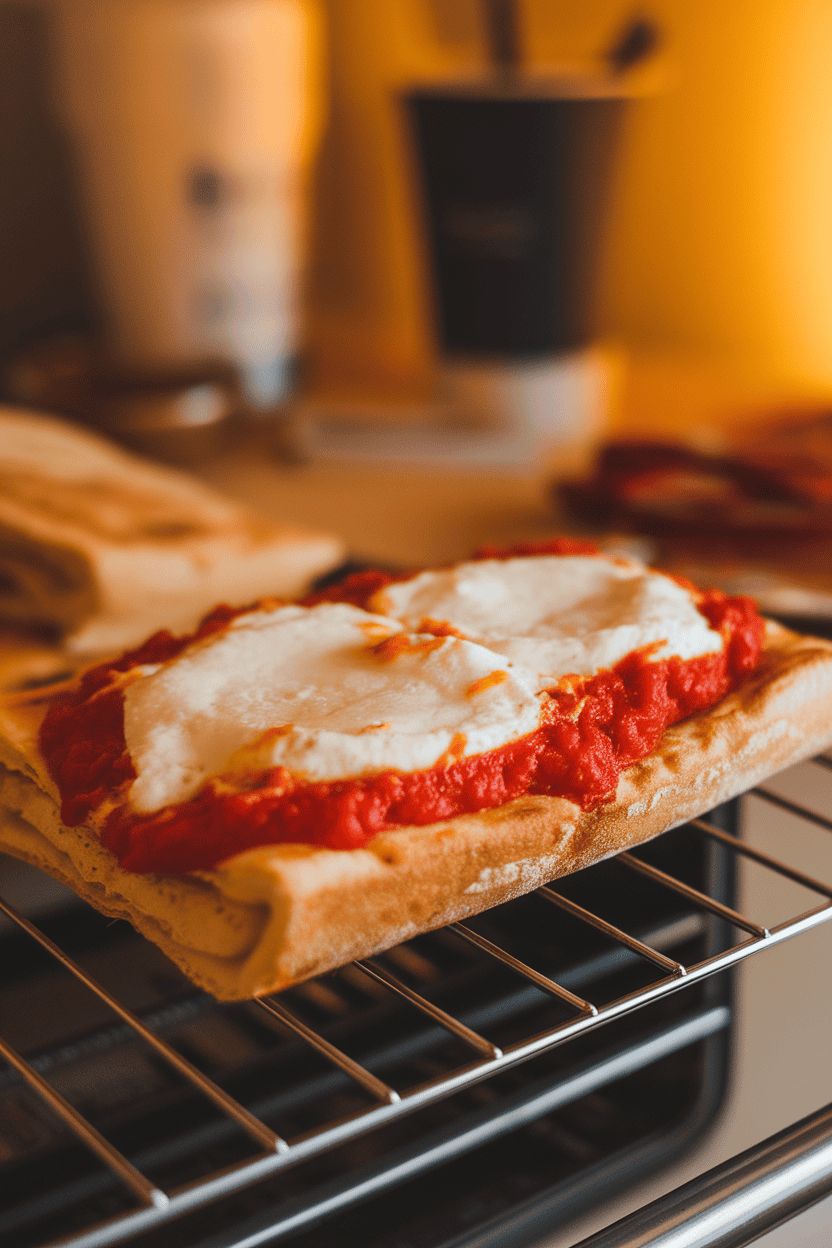 Photo of a toasted pita topped with melted mozzarella and tomato sauce on a dorm-room toaster-oven tray, warm indoor lighting; no text or logos visible.