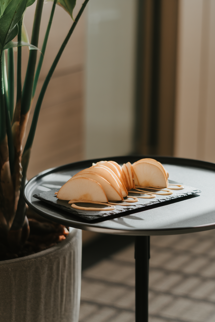 Photo — an indoor conference room side table with fan-shaped pear slices drizzled lightly with tahini on a small slate plate. Soft natural light; no text or logos visible.