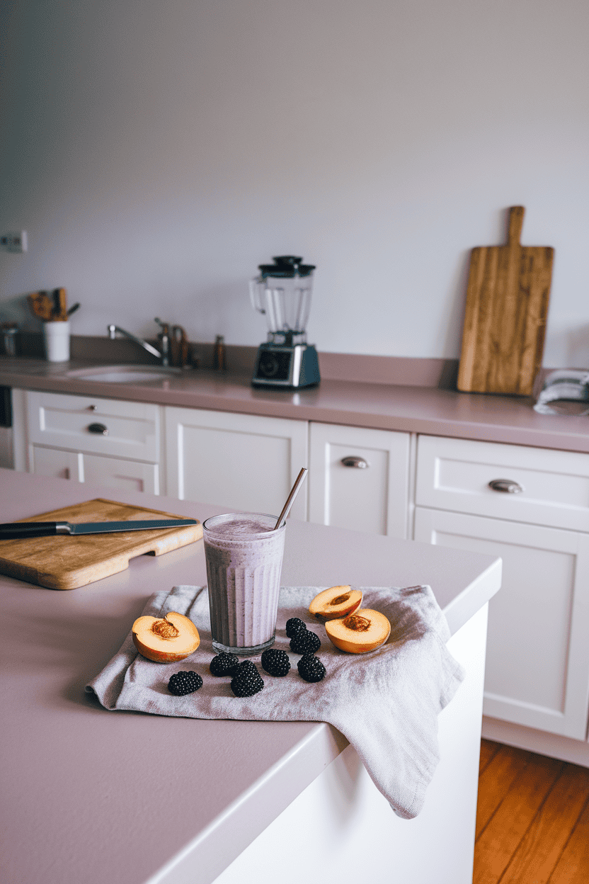 Indoor kitchen island showing a muted purple smoothie, fresh blackberries and peach slices scattered on a linen napkin. Photo, no text or logos.