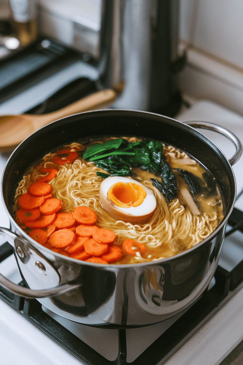 Indoor stovetop view of a pot of ramen soup containing noodles, sliced carrots, spinach, and a soft-boiled egg floating on top, no logos present.