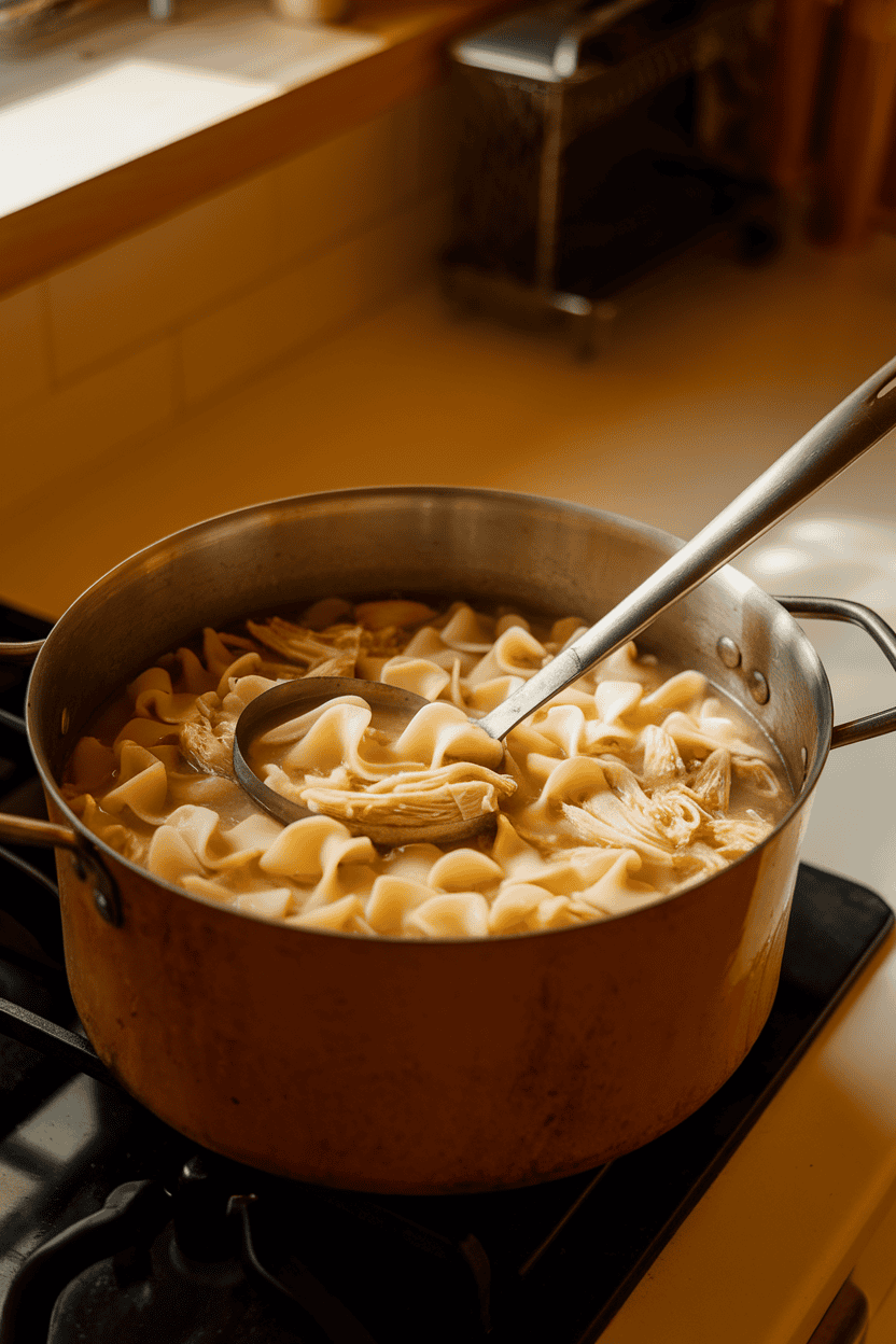A warmly lit indoor kitchen counter with a ladle resting in a pot of chicken noodle soup, wide egg noodles and shredded chicken visible, no logos present.