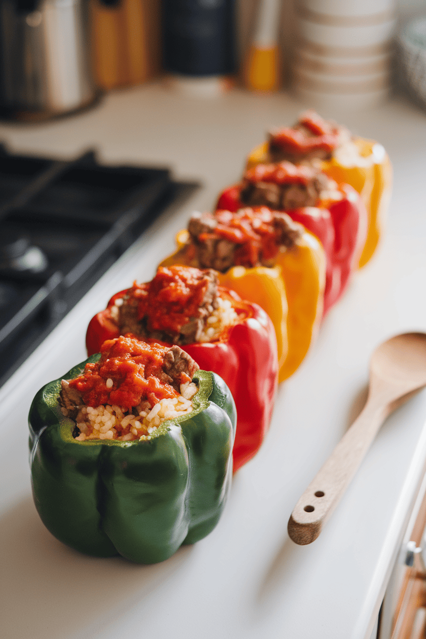 An indoor countertop with colorful cooked bell peppers standing upright, filled with beef, rice, and tomato sauce; photo, no text or logos.