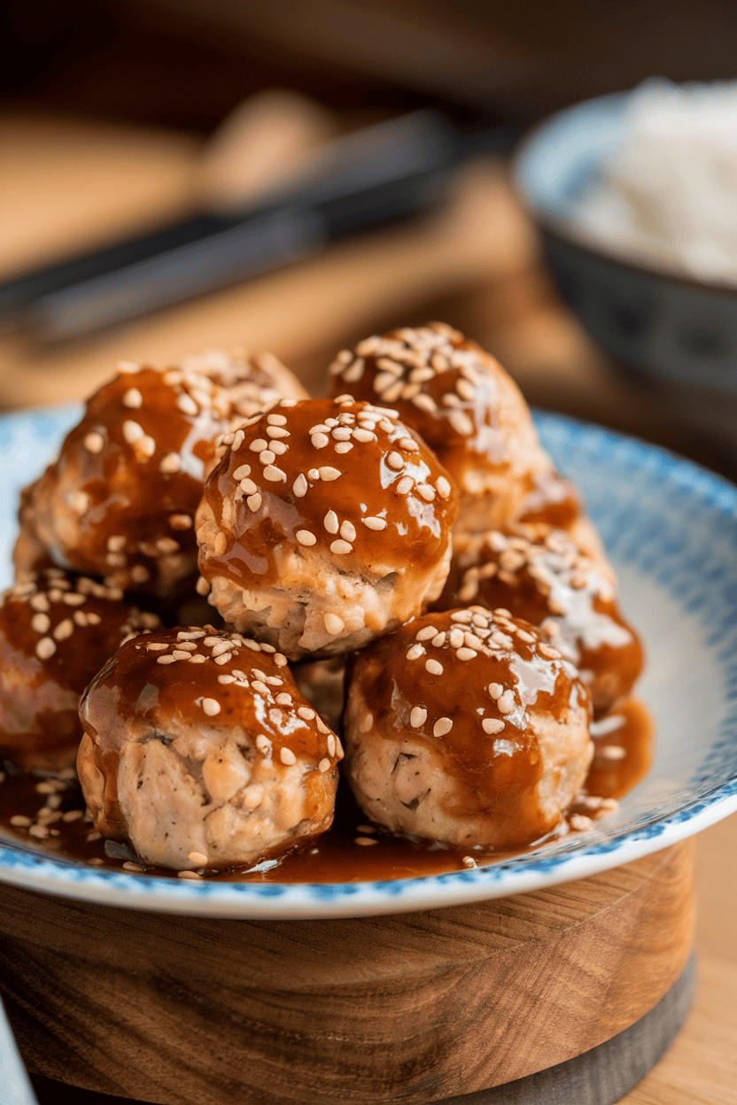 Indoor plate of bite-sized chicken meatballs glazed with sesame sauce, sprinkled with sesame seeds. Soft indoor lighting, no logos.