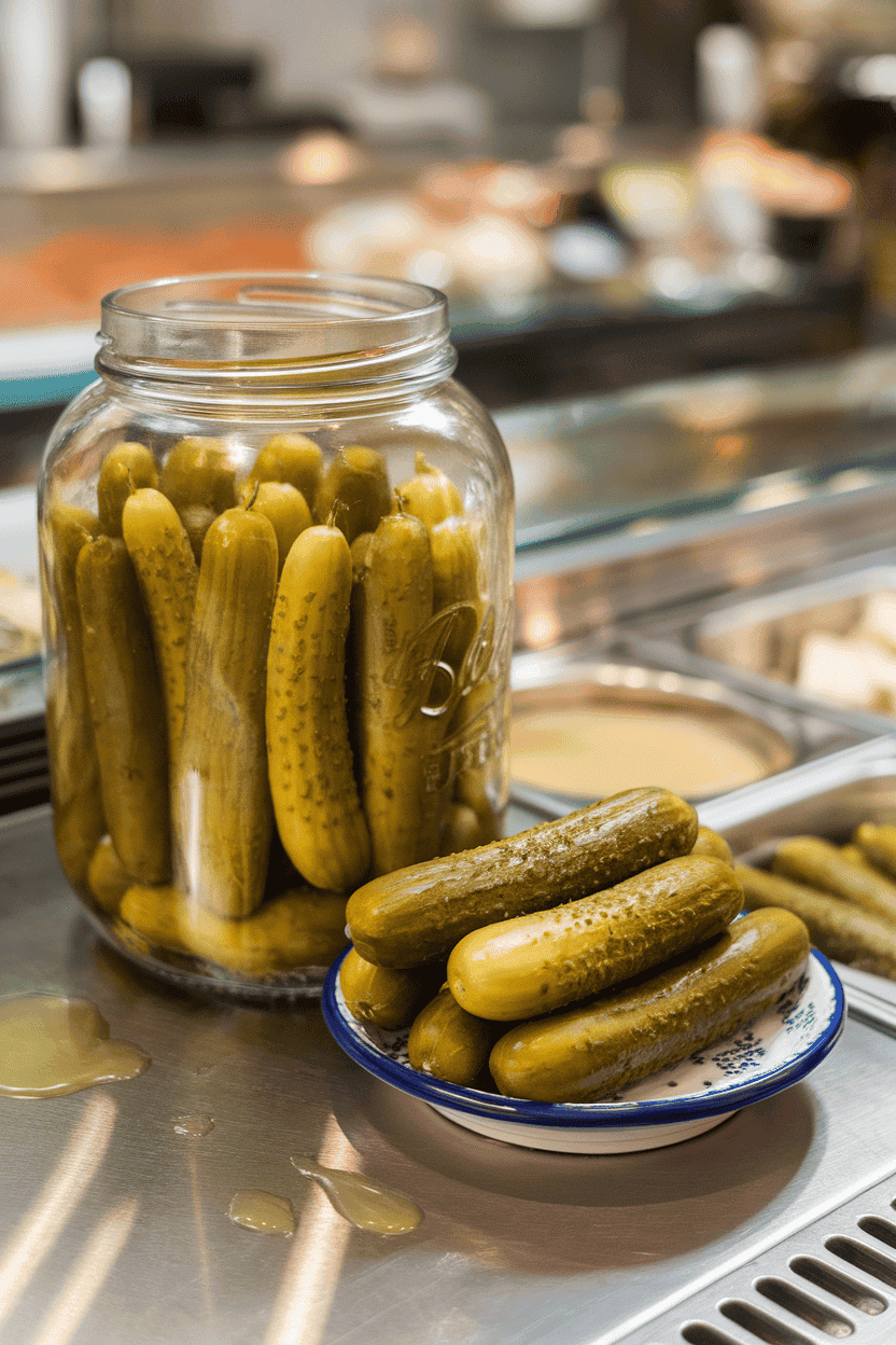 An indoor deli counter setup displaying a glass jar of dill pickle spears removed and arranged on a small ceramic plate, brine droplets visible. No text or logos. Photo, not illustration.