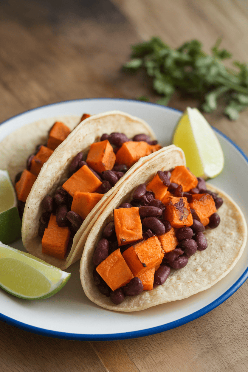 Photo of soft corn tacos filled with roasted sweet potato cubes and black beans, plated indoors with lime wedges; no text or logos.