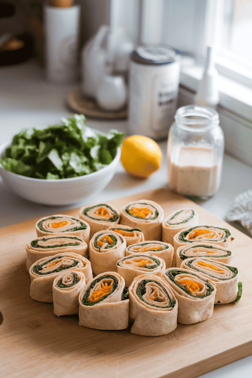 A softly lit indoor counter with a cutting board holding neatly sliced tortilla pinwheels filled with turkey, cheddar, and spinach. No decorative text or branding visible.
