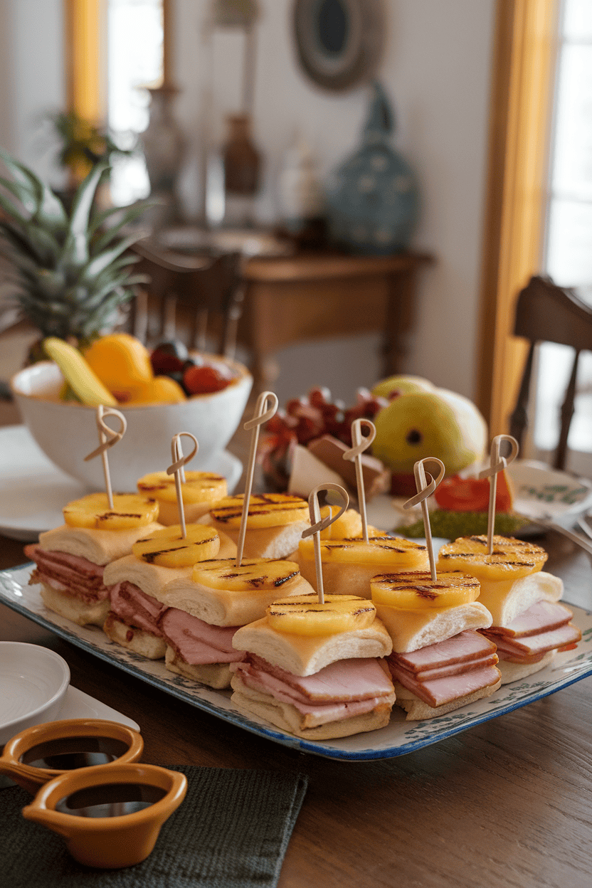 An indoor dining table showing a platter of mini sweet-roll sliders filled with glazed ham slices and grilled pineapple rings. No text or branding.