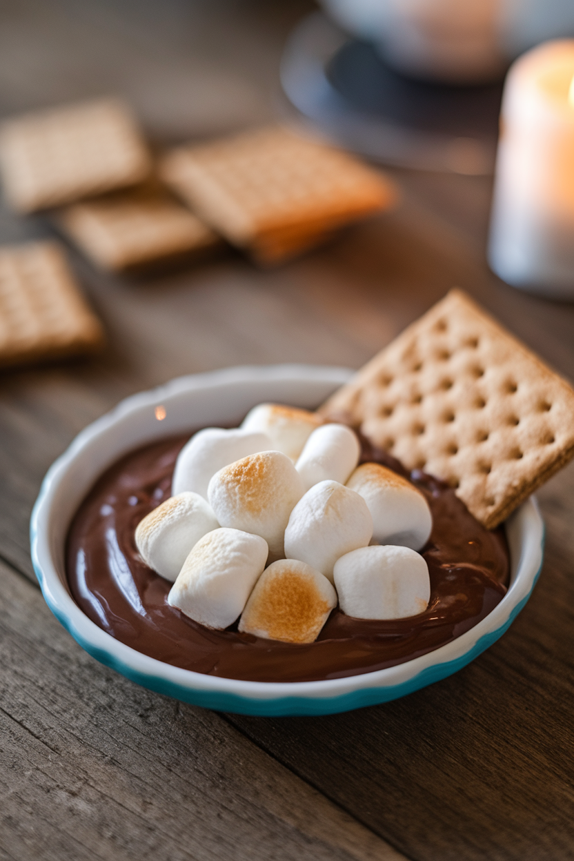 Photo of an indoor table featuring a shallow dish of melted chocolate topped with toasted marshmallows, graham crackers on the side for dipping. No text or logos.