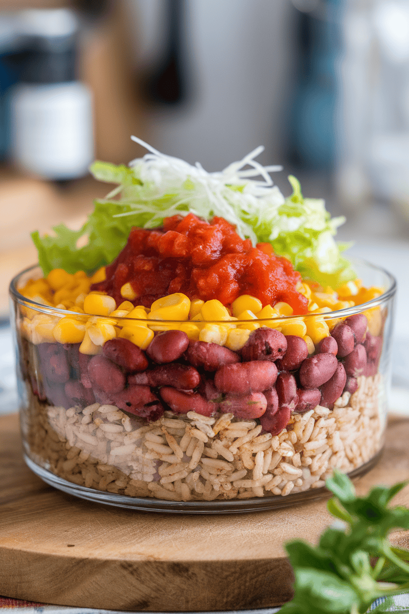 Photo, indoor dining table, a shallow bowl with layers of brown rice, seasoned pinto beans, corn, salsa, and shredded lettuce; no text or logos present.