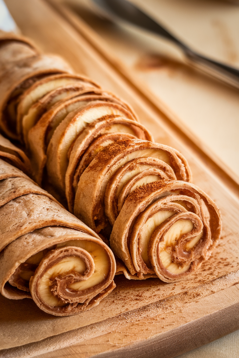 Photo indoors of whole-wheat tortilla strips spread with almond butter, rolled around thin banana spears, and sliced into bite-size spirals. Warm morning light; no logos or text.