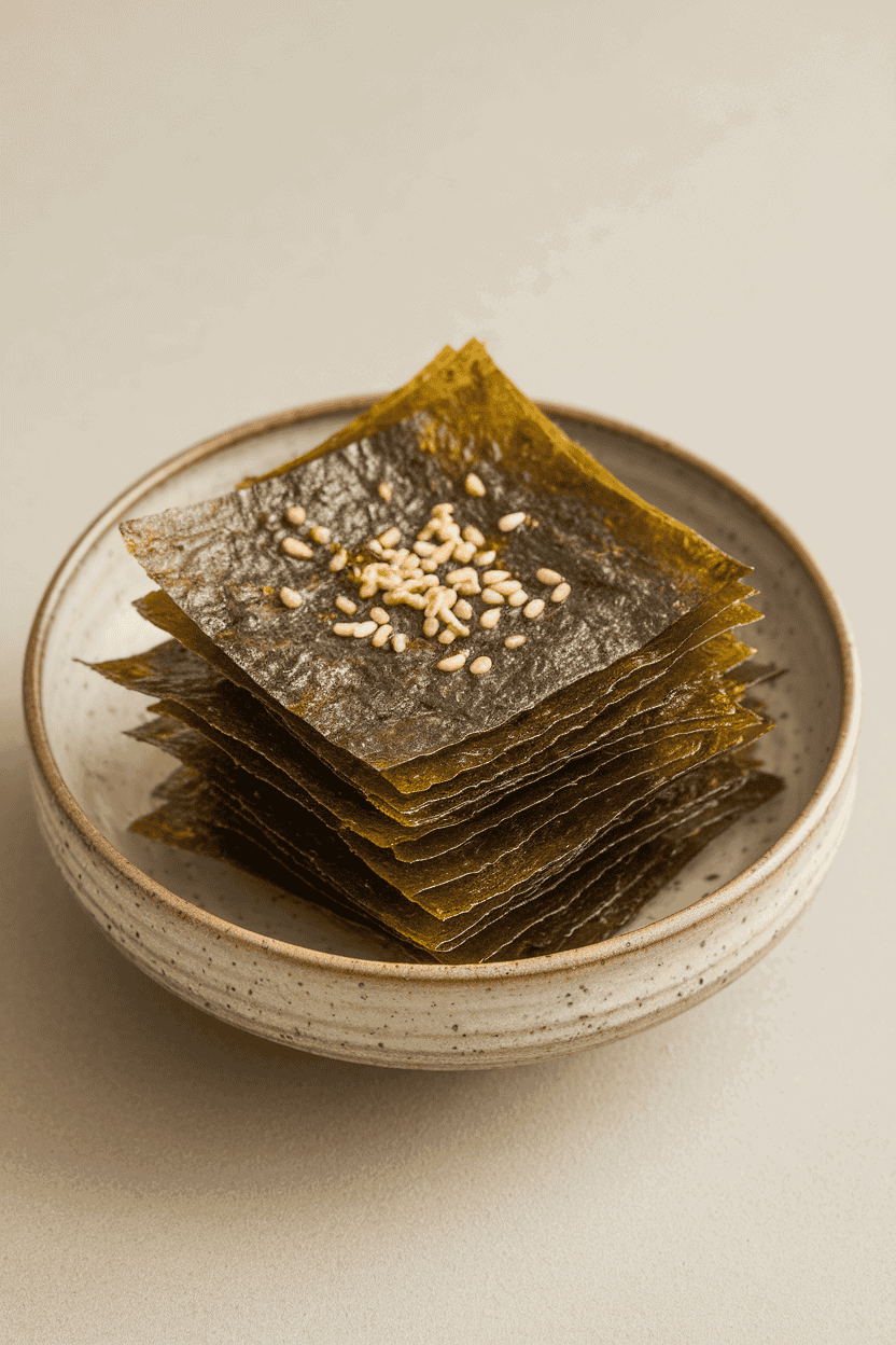 Indoor ceramic bowl holding crispy seaweed snack squares, slight sheen from sesame oil. Neutral backdrop, no text or logos, photo only.