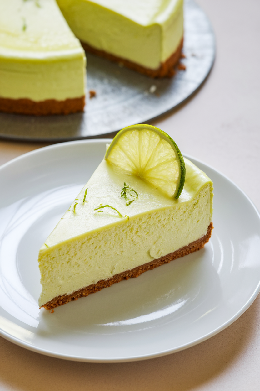 Indoor photo of a slice of creamy no-bake lime cheesecake on a graham-cracker crust, thin lime wedge garnish; soft overhead light; no text or logos. Photo, not illustration.