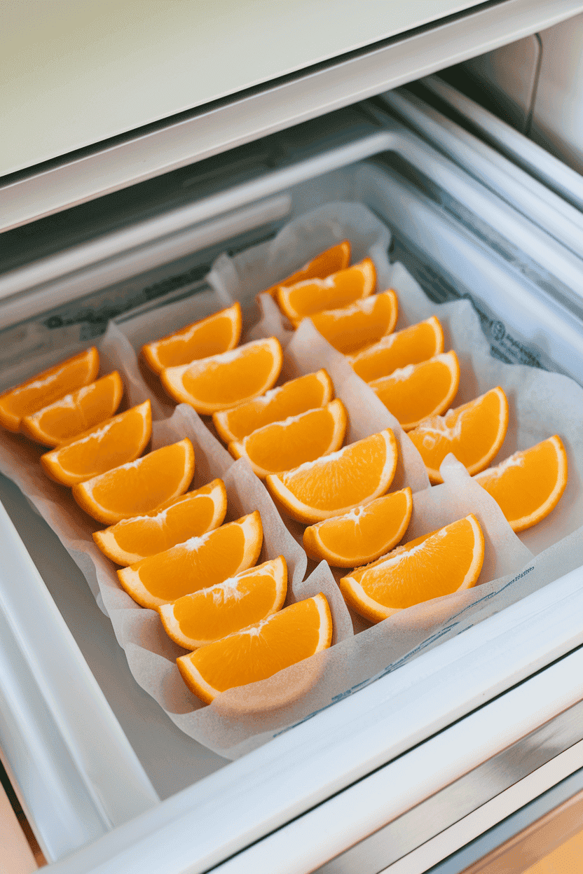 An indoor freezer drawer containing a tray of orange wedges individually wrapped in parchment, a light frost visible on each piece. No text or logos. Photo, not illustration.