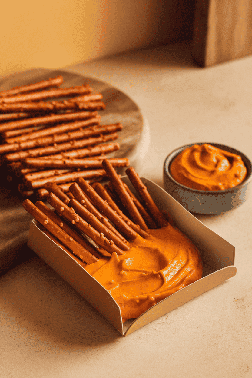 An indoor countertop shot of an opened snack pack showing crunchy pretzel sticks being dipped into a pool of cheddar spread. Soft lighting, no text or logos.