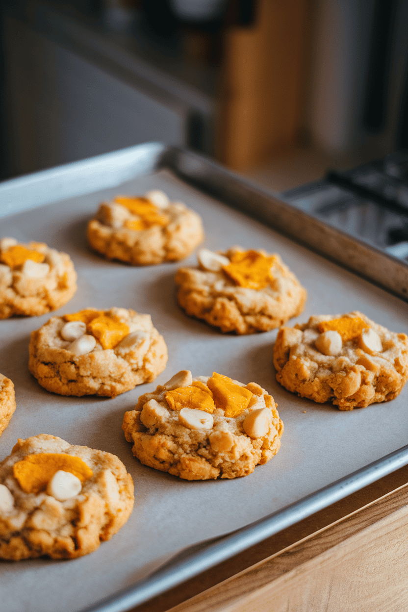 Indoor photo of golden chewy cookies studded with bright orange dried mango pieces and chunky macadamia nuts on a neutral baking tray, soft overhead light, no text or logos