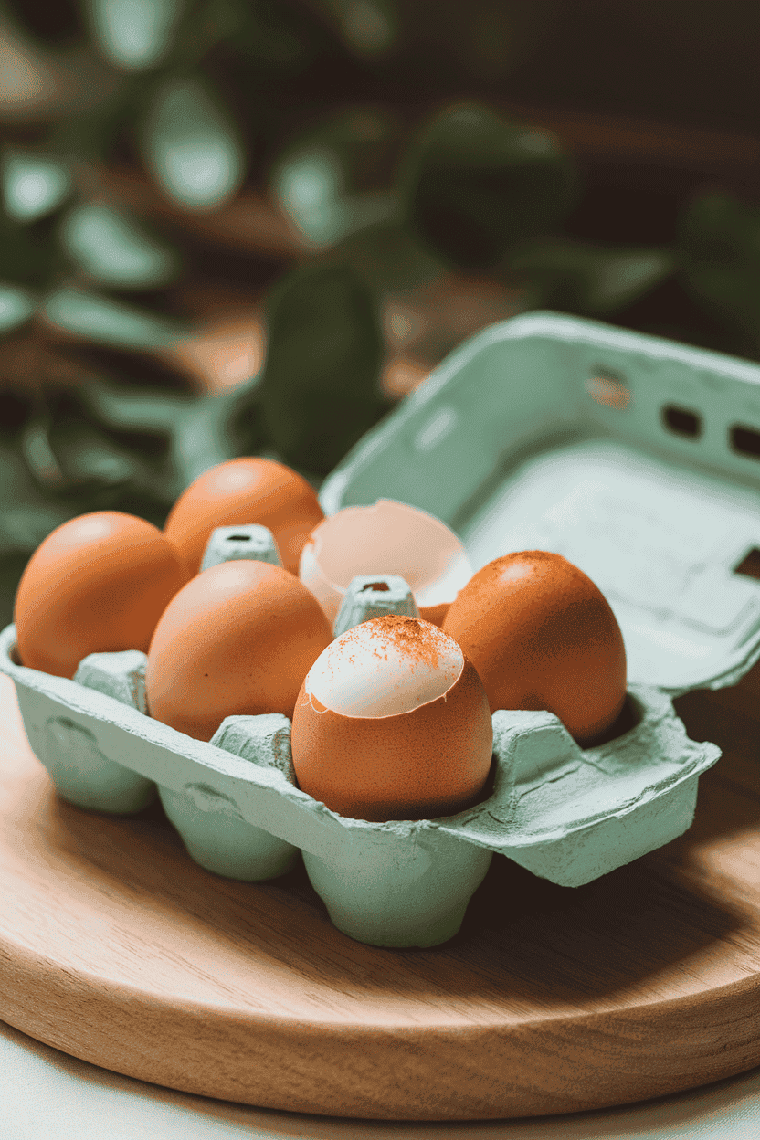 Indoor egg carton containing peeled hard-boiled eggs sprinkled with a pinch of paprika. Gentle lighting, no text or logos, photo only.