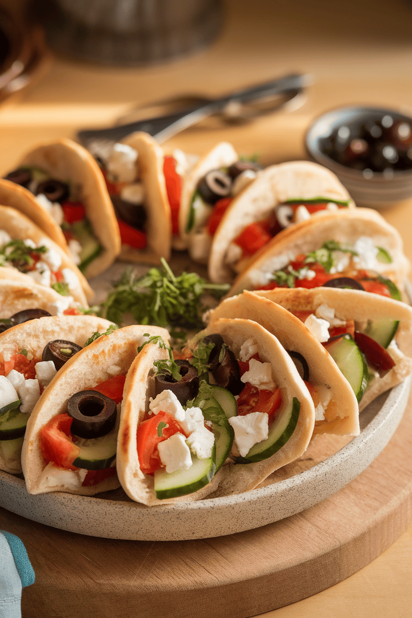 Indoor image of halved pitas stuffed with cucumber, tomato, olives, and feta, laid on a stoneware platter. Warm indoor light, no logos.