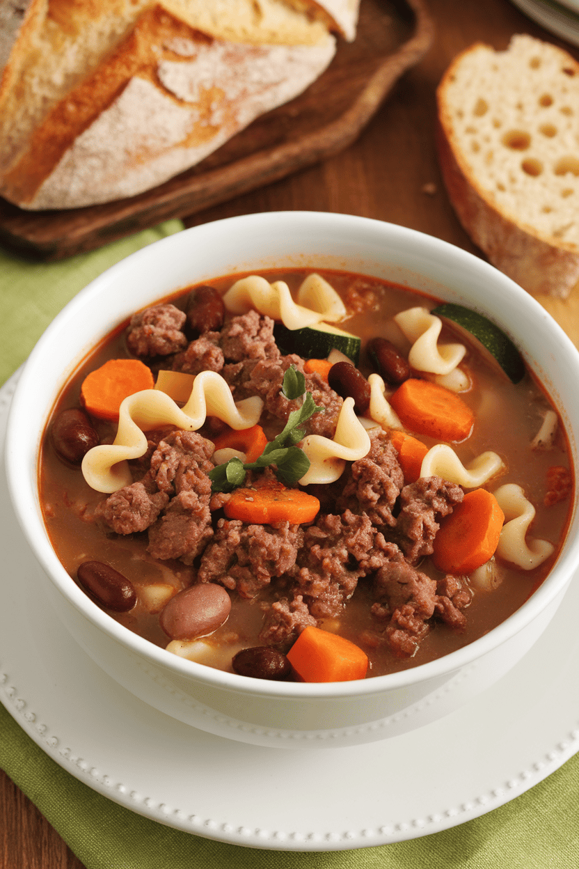 An indoor soup bowl of hearty minestrone with ground beef, ditalini pasta, and colorful vegetables; photo, no text or logos.