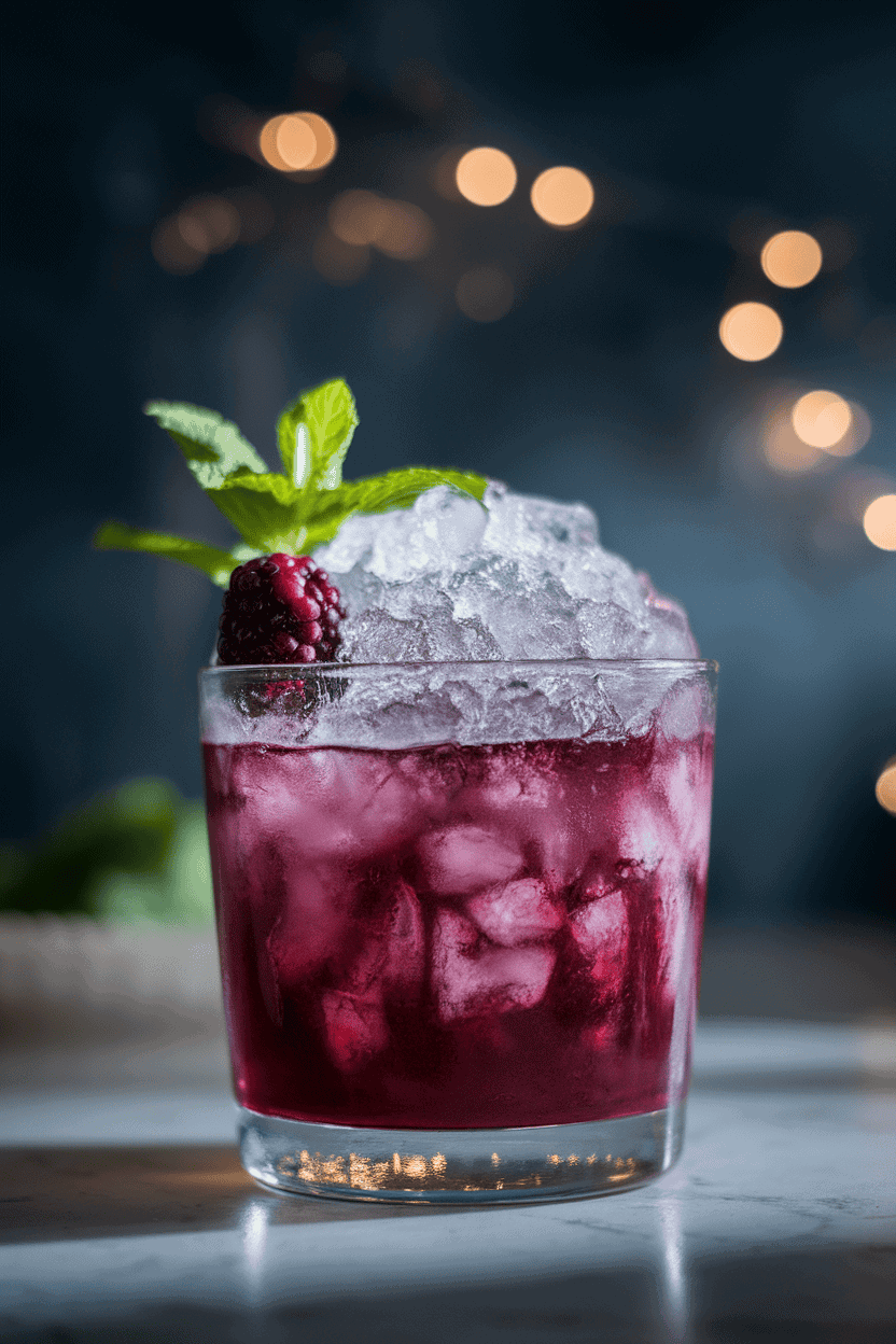Photo, indoors, double old-fashioned glass brimming with deep purple smash, crushed ice dome, mint sprig and blackberry on top. No text or logos.