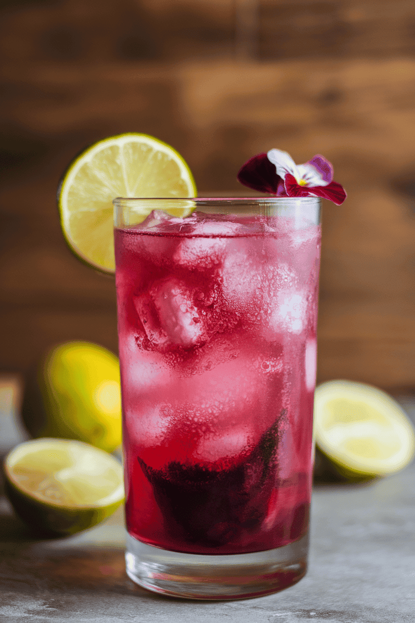 Photo, indoors, highball glass of bright magenta hibiscus cooler, lime wheel and edible flower garnish. No text or logos.