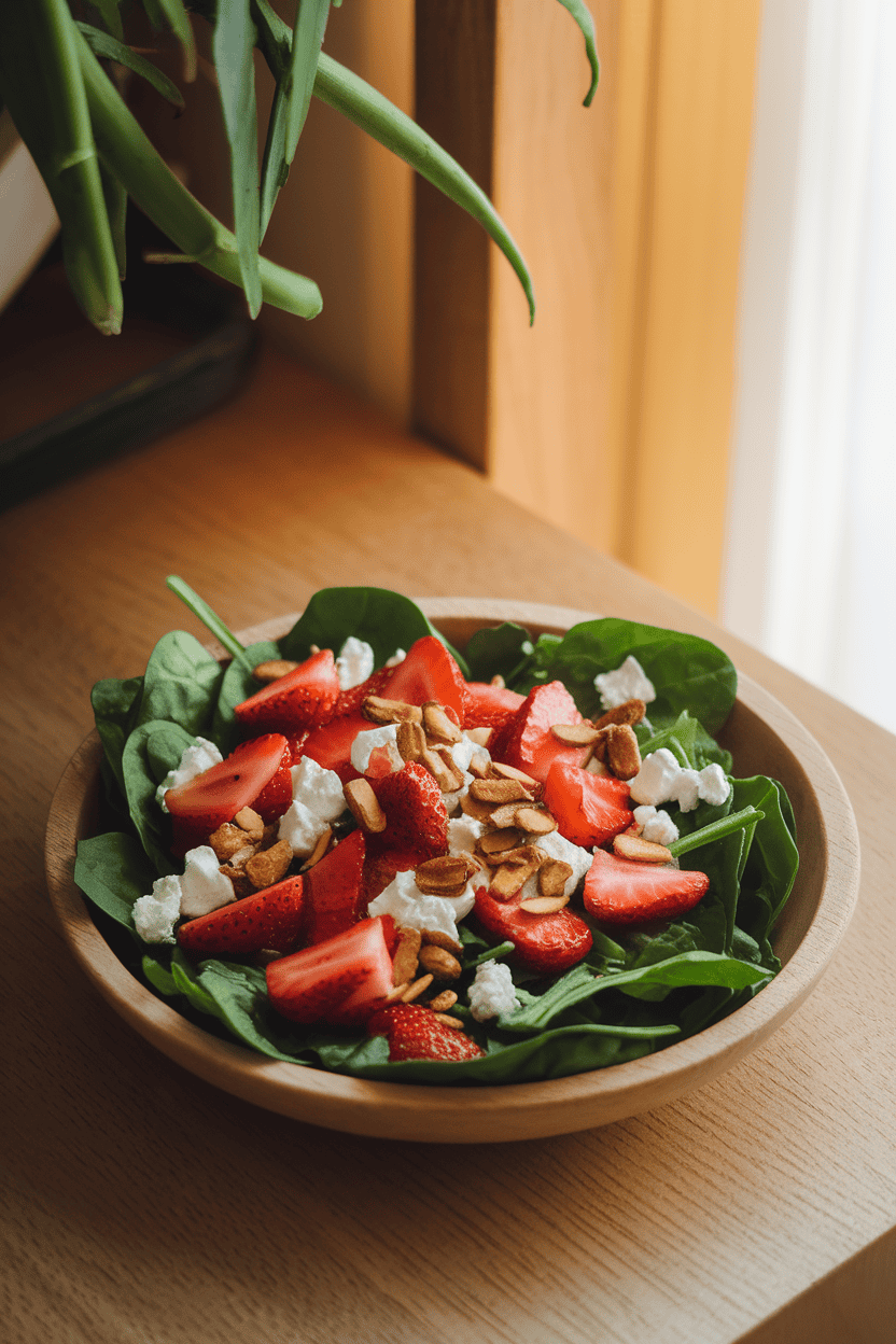 A warmly lit indoor tabletop showcasing baby spinach leaves topped with sliced strawberries, toasted almonds, and crumbled goat cheese in a shallow wooden bowl. Photo only, no text or logos.
