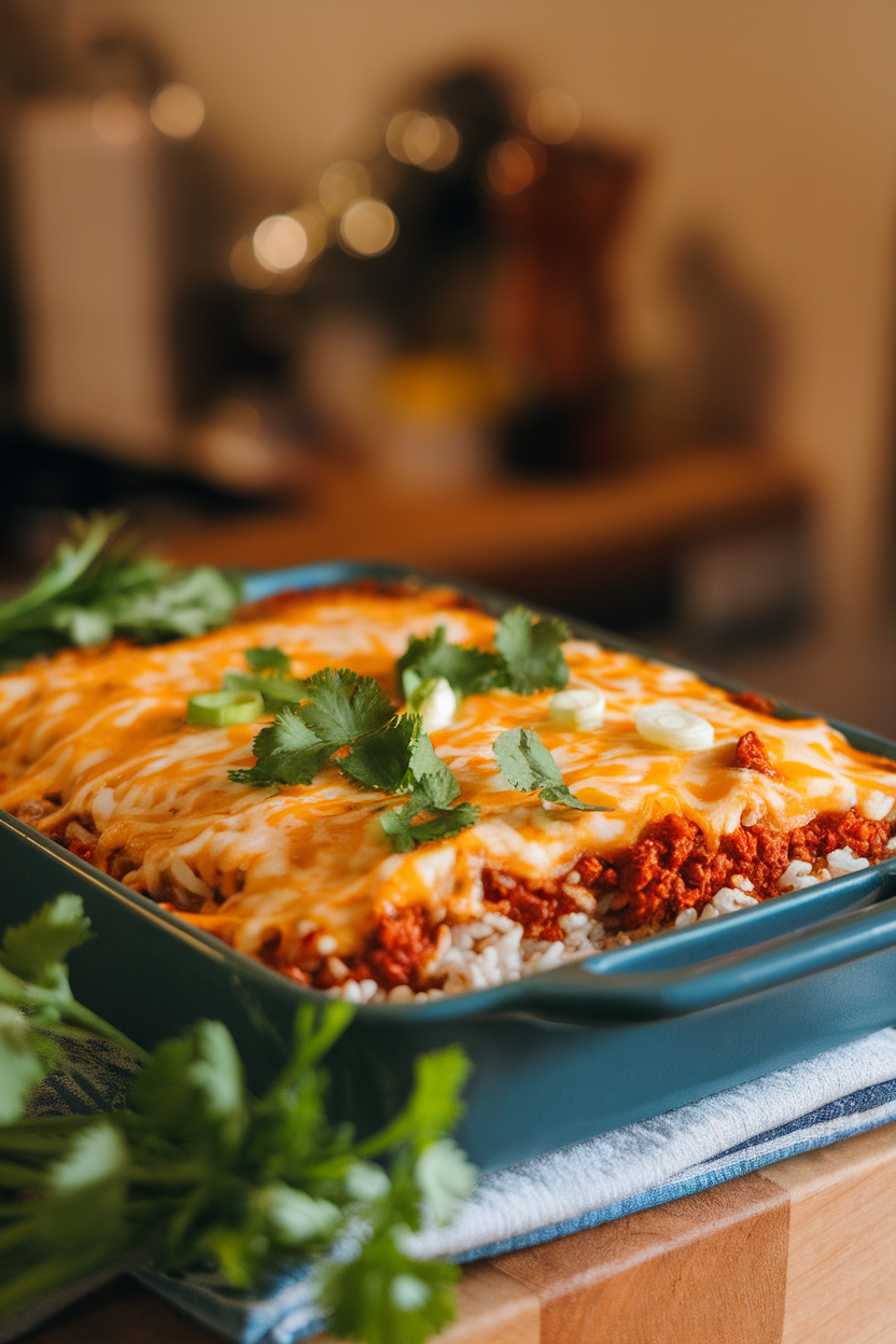 Indoor photo of a baking dish with layers of rice, leftover chili, and melted cheese bubbling on top, fresh from the oven. No text or branding in sight.