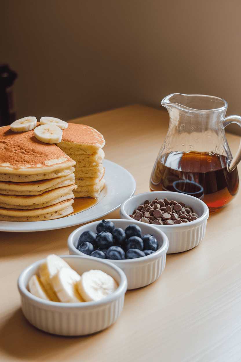 Indoor dining table set with a stack of fluffy pancakes, small bowls of blueberries, chocolate chips, and sliced bananas, plus a pitcher of warm syrup. No branding or text anywhere.