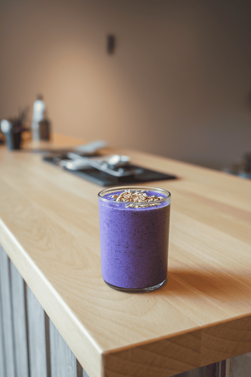 Indoor counter with a vibrant indigo smoothie in a clear tumbler, hemp hearts scattered on the foam; neutral lighting; photograph, not illustration; no text or logos.