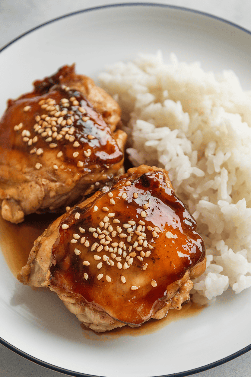 Indoor photo of glazed teriyaki chicken thighs garnished with sesame seeds, served alongside white rice on a simple plate; no text or logos.
