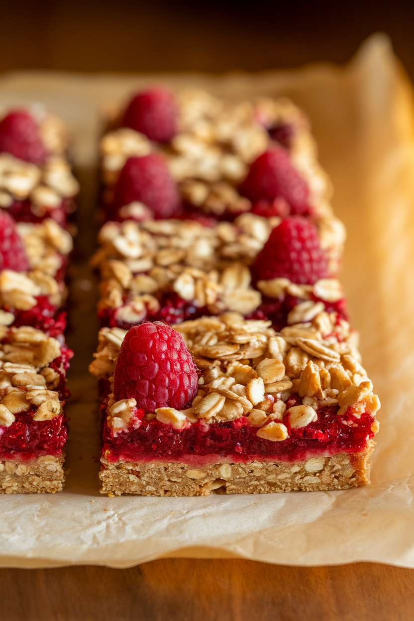 Indoor photo of layered raspberry oat bars on parchment, vibrant jam layer showing; warm lighting; no text or logos. Photo, not illustration.