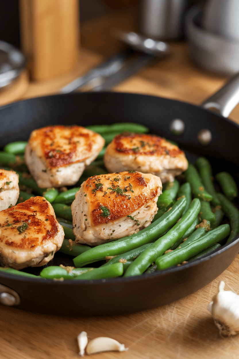 Photo of a skillet containing seared chicken bites and vibrant green beans coated in garlic butter; indoor lighting; no text or logos.
