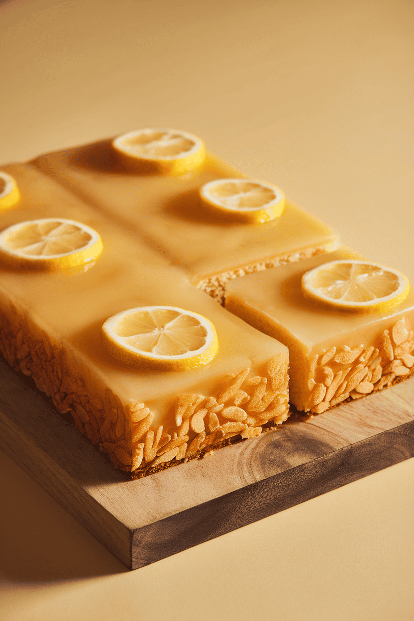 Indoor photo of a rectangular lemon sheet cake with glossy lemon glaze, one square cut out to reveal a moist crumb; bright but warm lighting; no text or logos