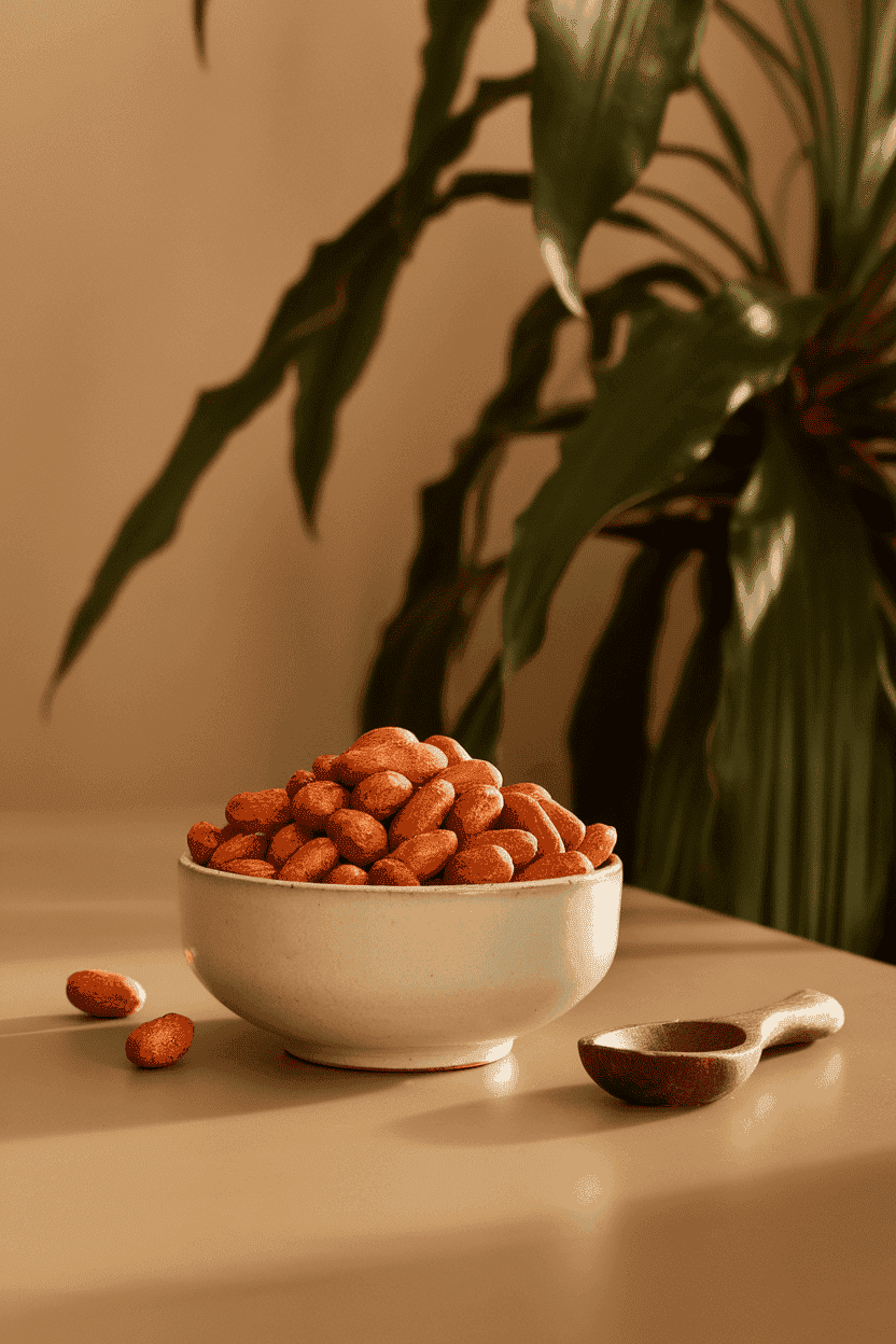 A white ceramic bowl on an indoor dining table filled with mixed nuts glazed in a reddish spice coating, a small wooden spoon beside it. Warm, even lighting; no text or logos; photo, not illustration.
