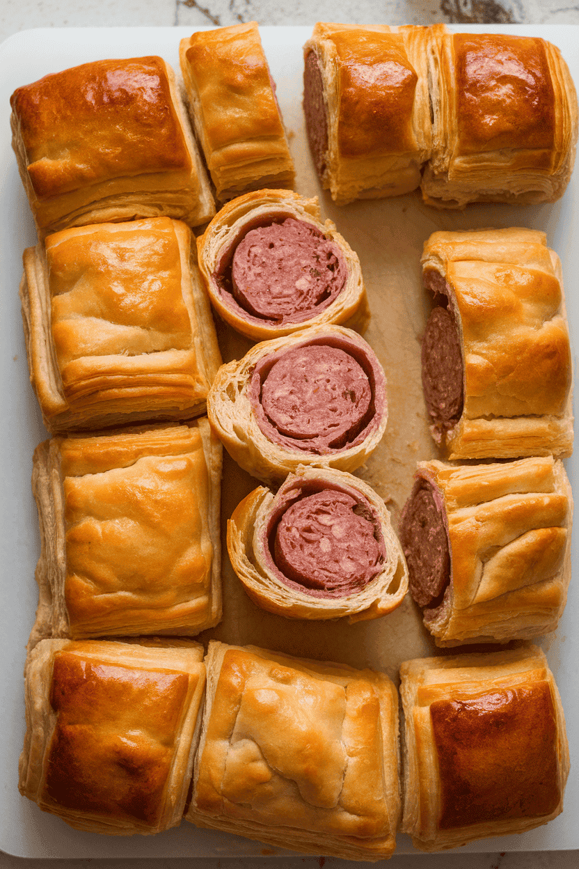 A cutting board indoors with puff-pastry sausage rolls sliced into bite-size pieces, golden and flaky; no text or logos. Photo, not illustration.