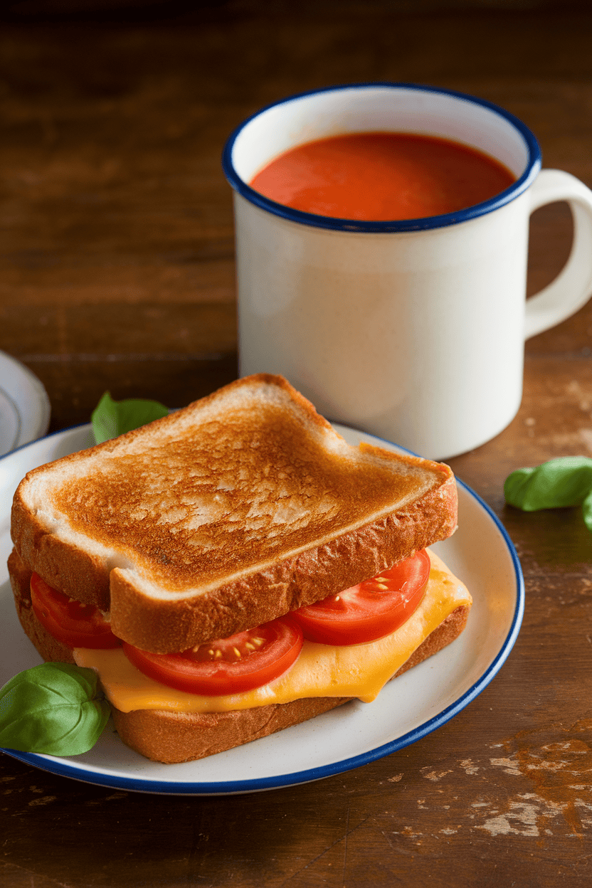 An indoor table showing a gooey grilled cheese sandwich with tomato slices and basil leaves beside a mug of creamy tomato soup. No text or logos in scene.
