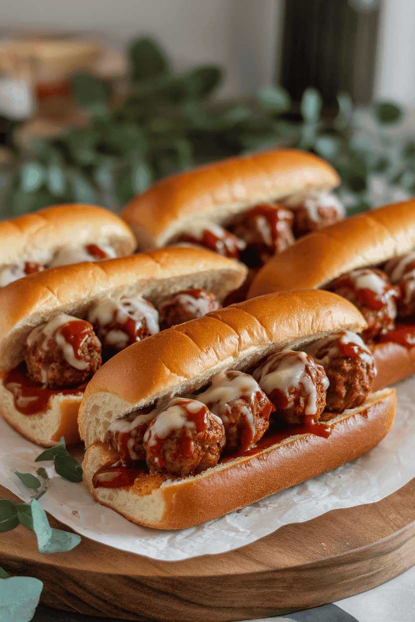 An indoor platter of cooked meatball subs nestled in hoagie rolls with melted cheese and barbecue sauce—photo, no text or logos.
