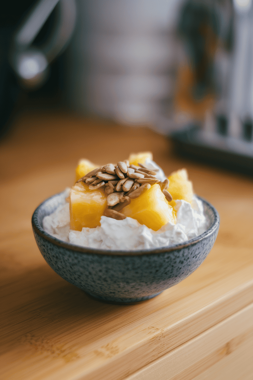 A small indoor bowl of cottage cheese topped with bright pineapple chunks and a sprinkle of toasted sunflower seeds. No text or logos. Photo only.