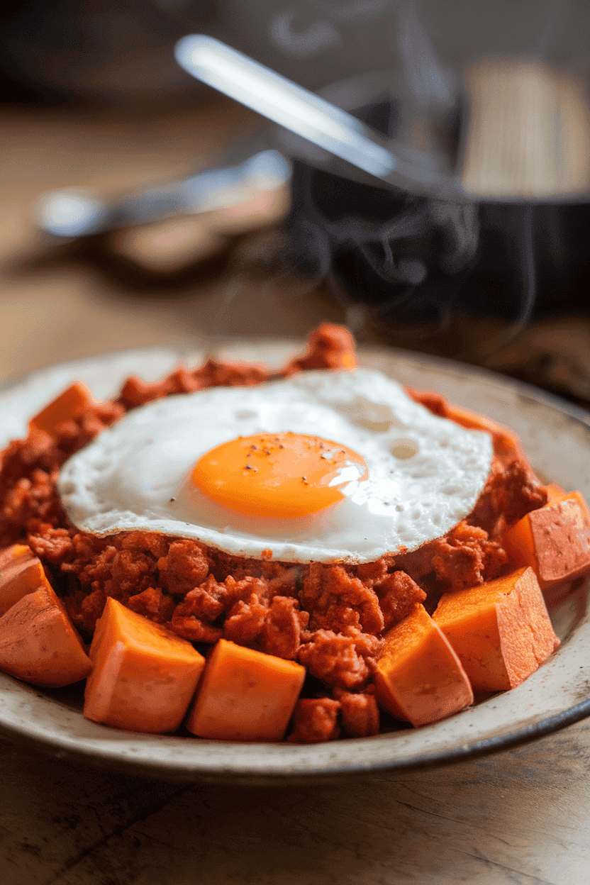 A rustic indoor plate featuring cubed sweet potatoes, spicy chorizo crumbles, and a fried egg on top; subtle steam, no text or logos. Photo, not illustration.