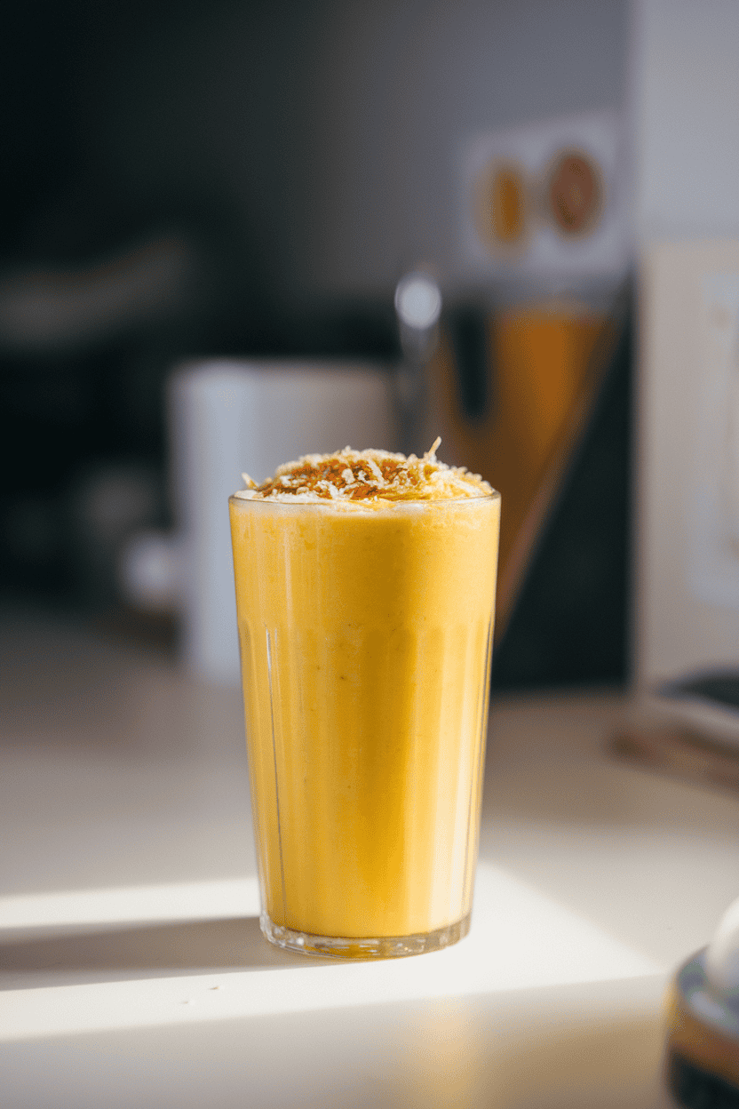 An indoor counter with a tall glass of vibrant yellow mango smoothie topped with toasted shredded coconut; soft morning light; photograph, not illustration; no text or logos.