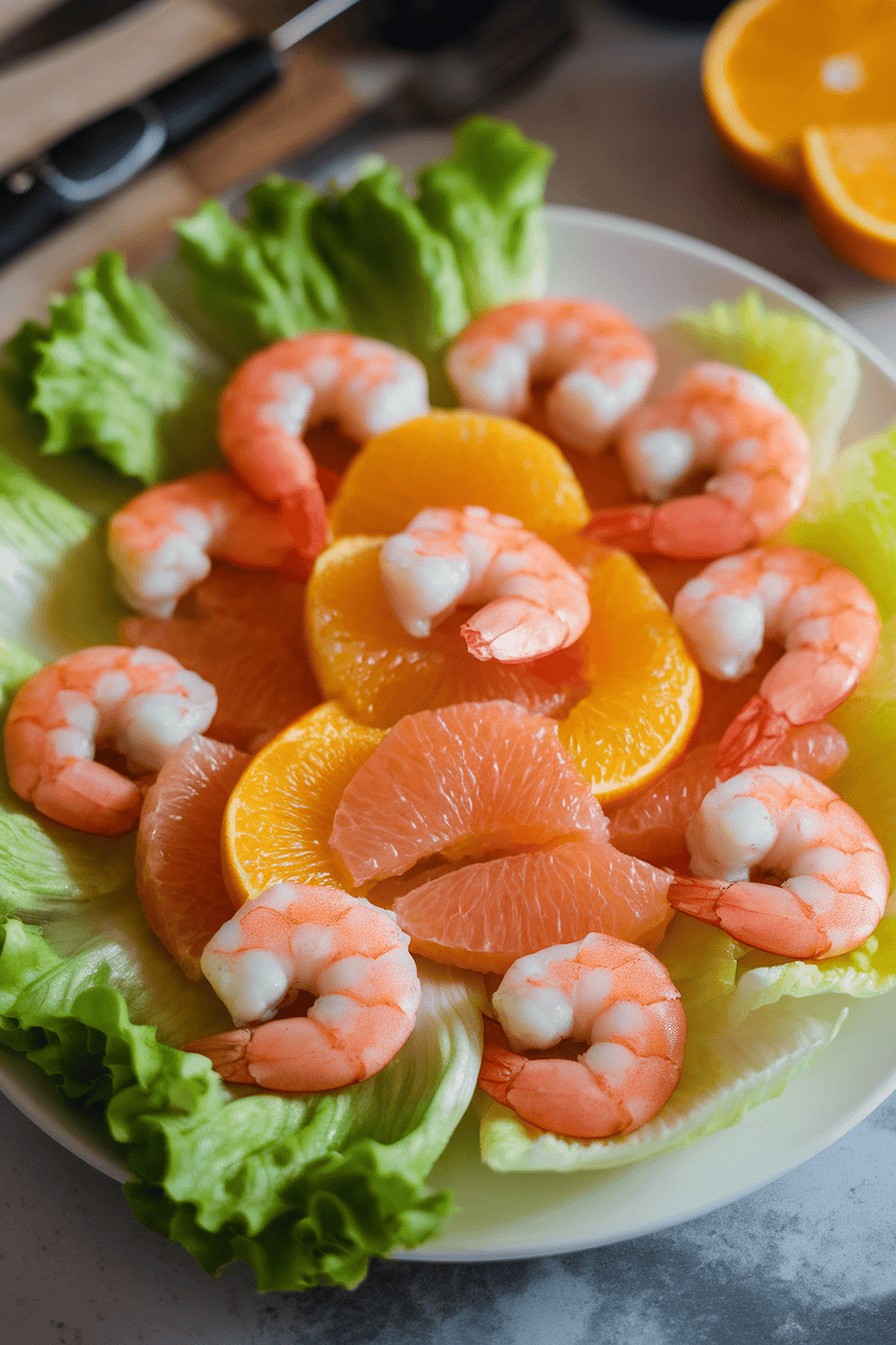 Indoor plate of cooked pink shrimp arranged with orange and grapefruit segments over butter lettuce, drizzled with citrus vinaigrette. Photo only, no text or logos.