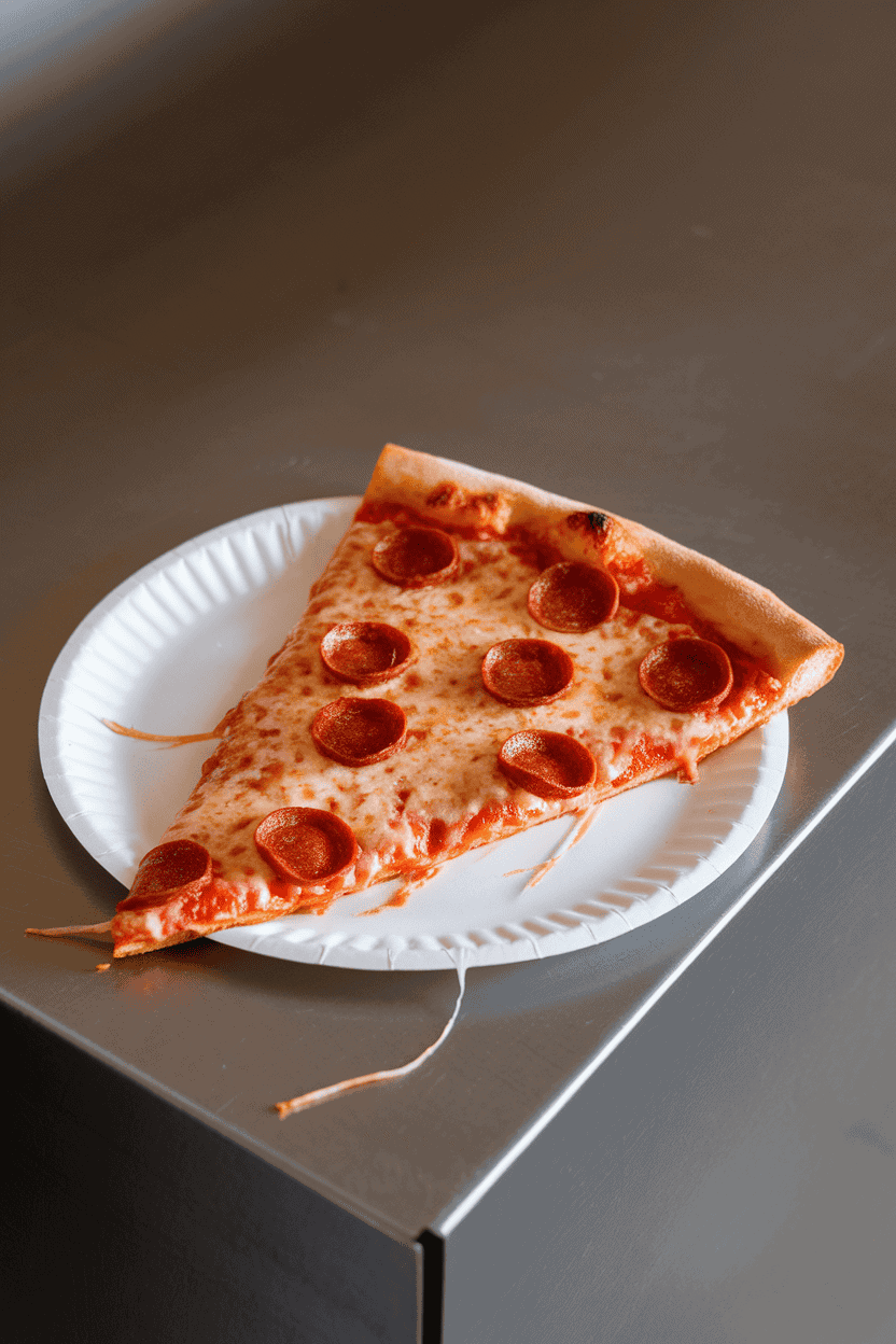 A single cheesy pepperoni pizza slice resting on a plain white paper plate atop an indoor counter, cheese strings visible. Photo, not illustration. No text or logos.