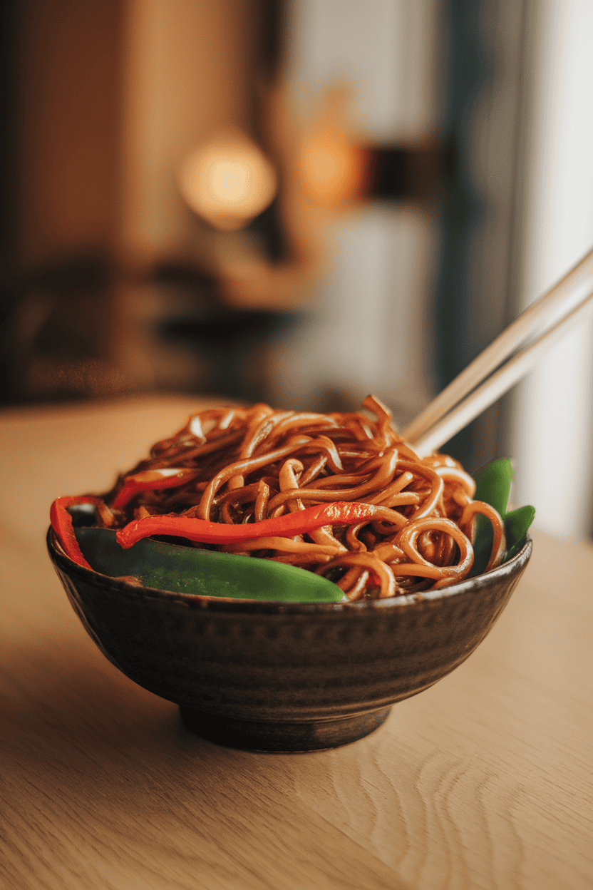 Indoor photo of a bowl piled high with glossy lo mein noodles tangled with bell pepper strips and snow peas, chopsticks digging in. No text or logos.