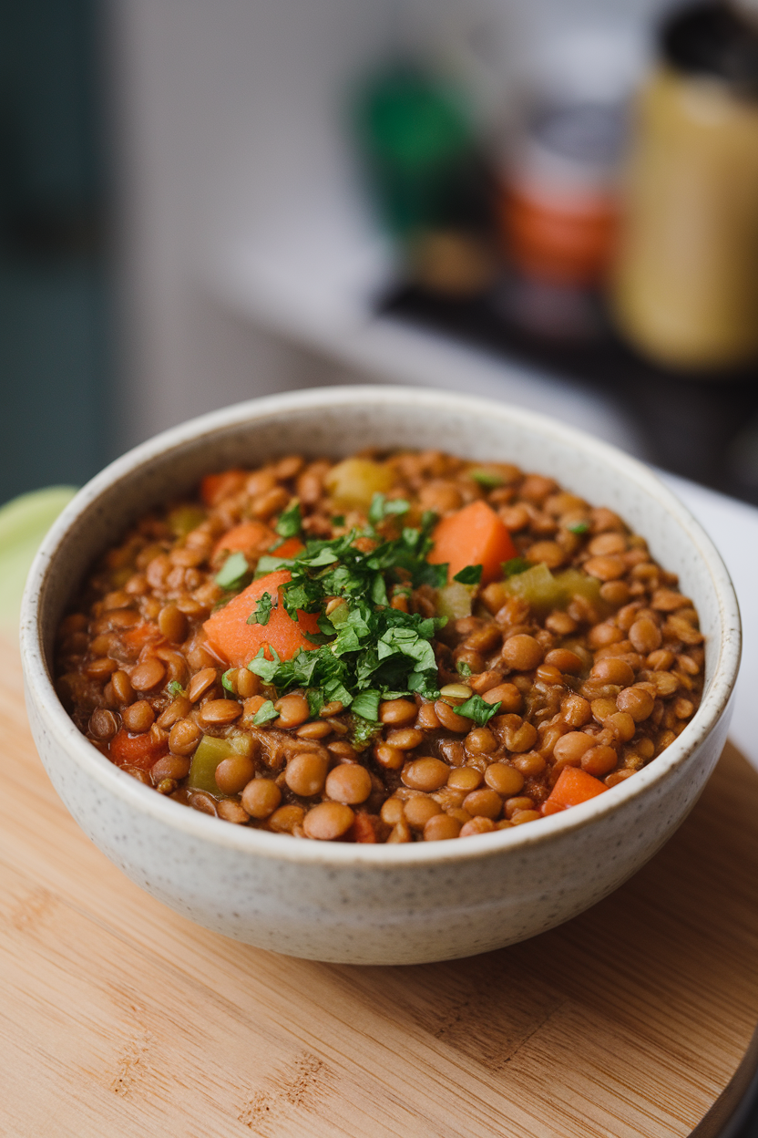 Indoor photo of a bowl of thick lentil stew with visible carrots and celery, garnished with parsley. No text or logos.