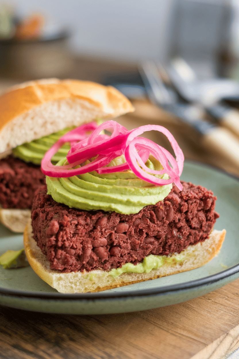 An indoor plate featuring quartered baked black bean burger pieces, a swirl of avocado crema, and bright pink pickled onion ribbons; no text or logos; photo only.