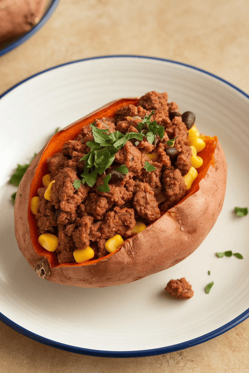 An indoor plate showing a halved baked sweet potato mounded with spiced ground beef, black beans, and corn; photo, no text or logos.