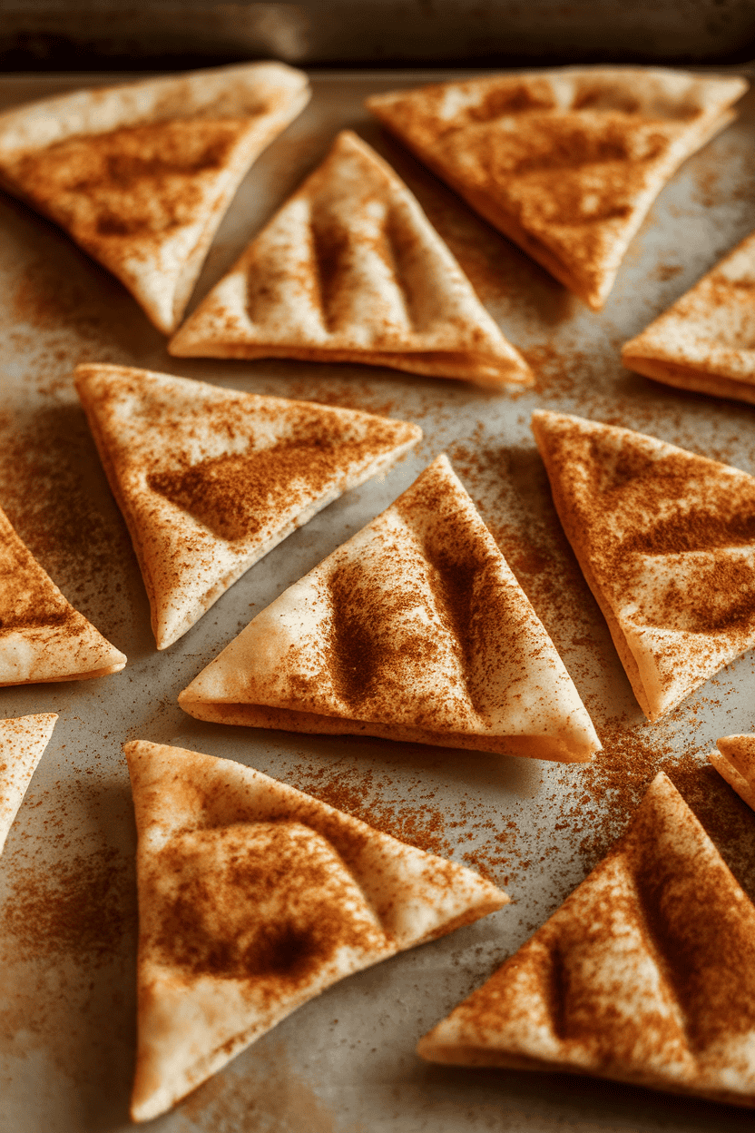 An indoor baking sheet showcasing triangle pita crisps dusted with cinnamon-sugar, golden and toasty under warm lighting. No branding in view.