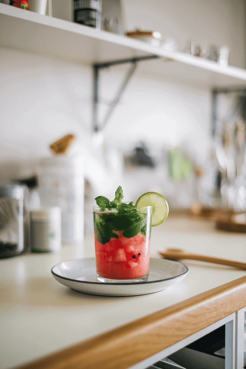 An indoor kitchen counter with small clear cups layered with cubed watermelon, mint leaves, and a lime wedge on the rim. Soft, natural lighting; no logos anywhere.