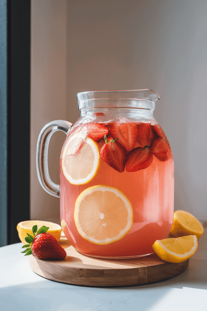 Indoor photo of a large glass pitcher filled with pink strawberry lemonade, fresh strawberry slices and lemon wheels visible inside. Bright indoor lighting; no text or logos on pitcher.